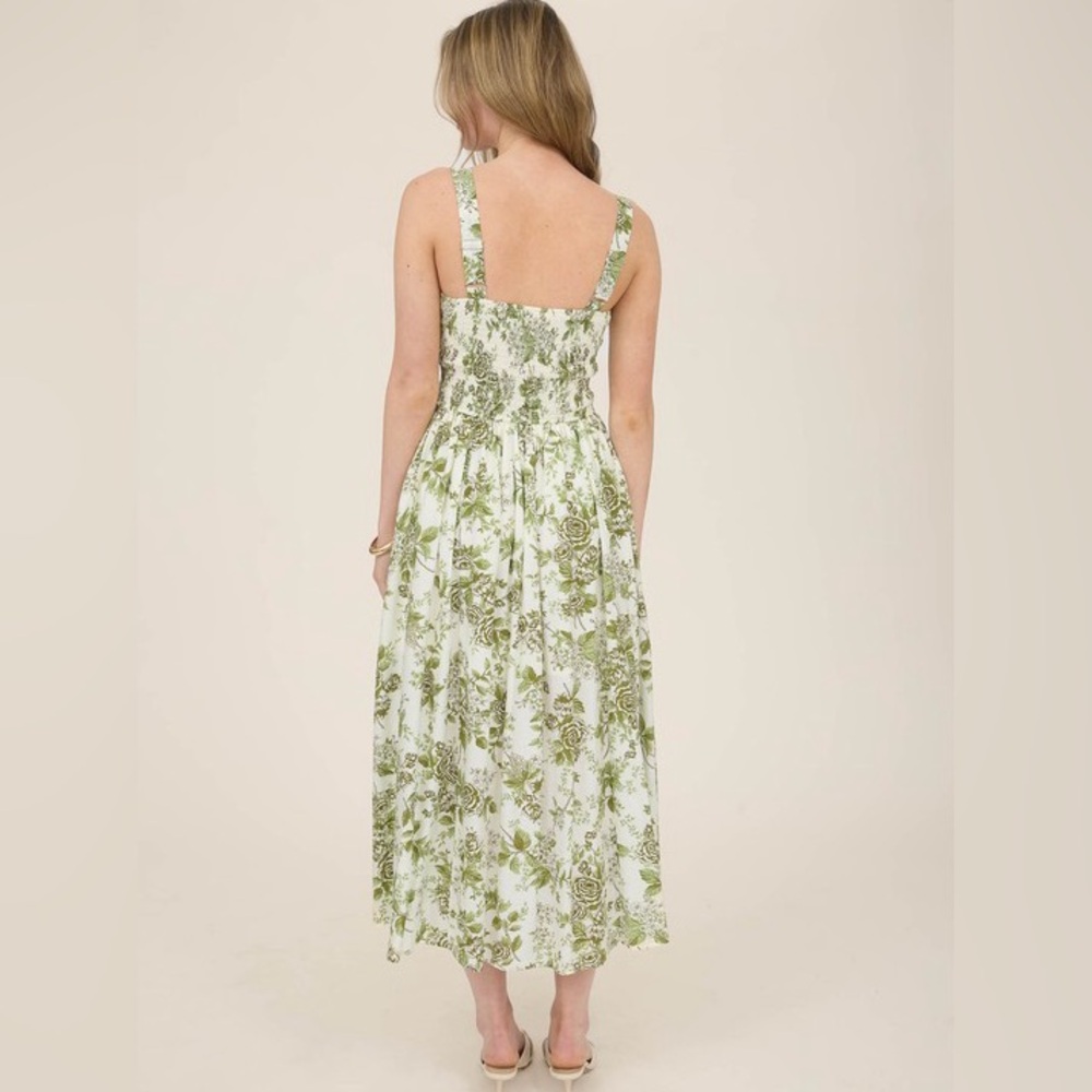 Floral Green and White Maxi Dress - Sleeveless Square Neck - Picture 2 of 5